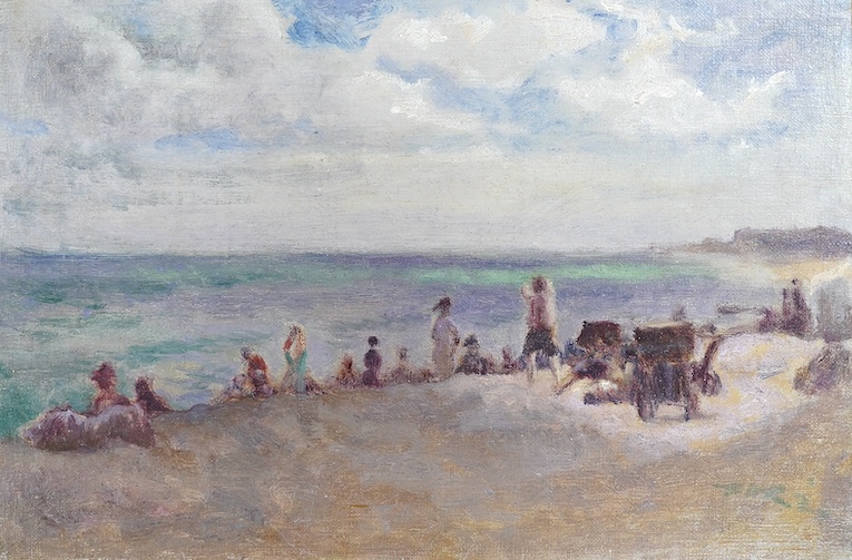 Harold Hope Read (Exh. 1907-1928), oil on canvas, Beach scene with figures, signed and dated '24, 23 x 34cm, unframed. Condition - fair, relined